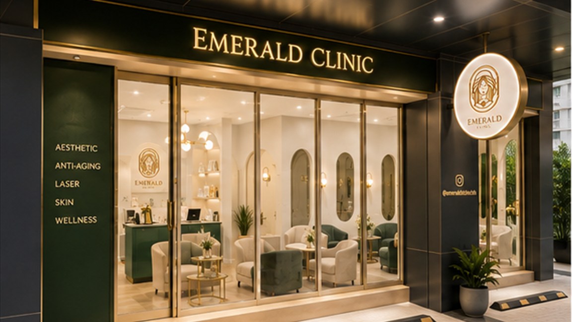 The glass shopfront of The Emerald Clinic on Sukhumvit 45, with the round clinic sign above the door