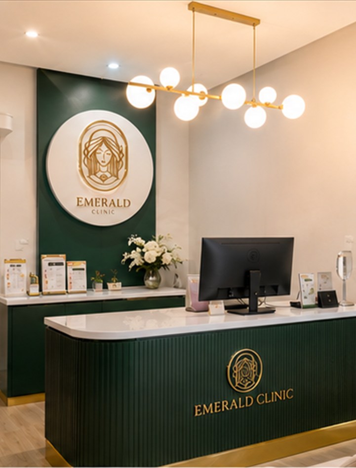 The reception desk under the gold clinic sign